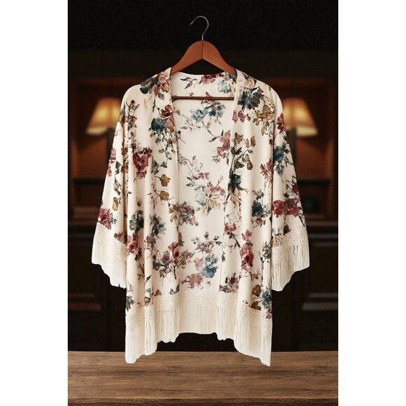 Jodifl Size L Vintage Floral Print Kimono Cream Lace Trim Fringe Boho Cover Up - Picture 1 of 8